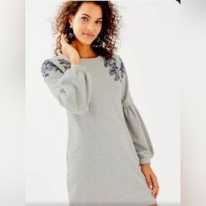 Lily Pulitzer Bartlett Gray and Blue Floral Embroidered Sweatshirt Dress…​​